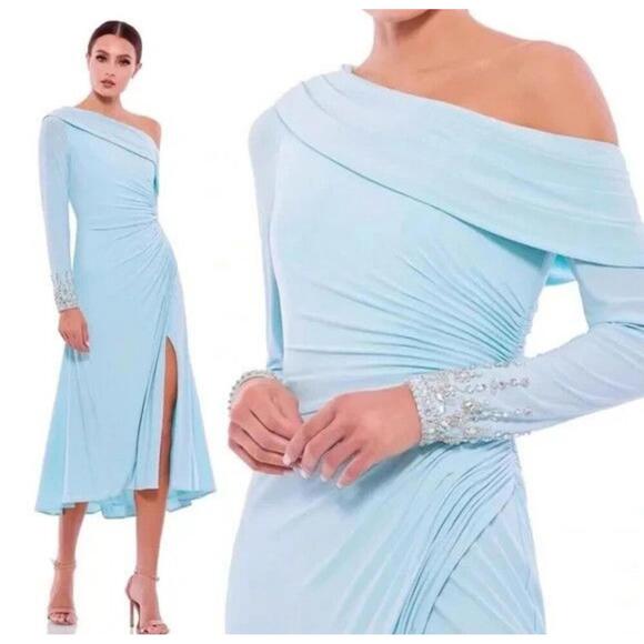 Mac Duggal 264851 Powder Blue Foldover Long Sleeve Jeweled Midi Dress, Size 0 - Picture 2 of 9